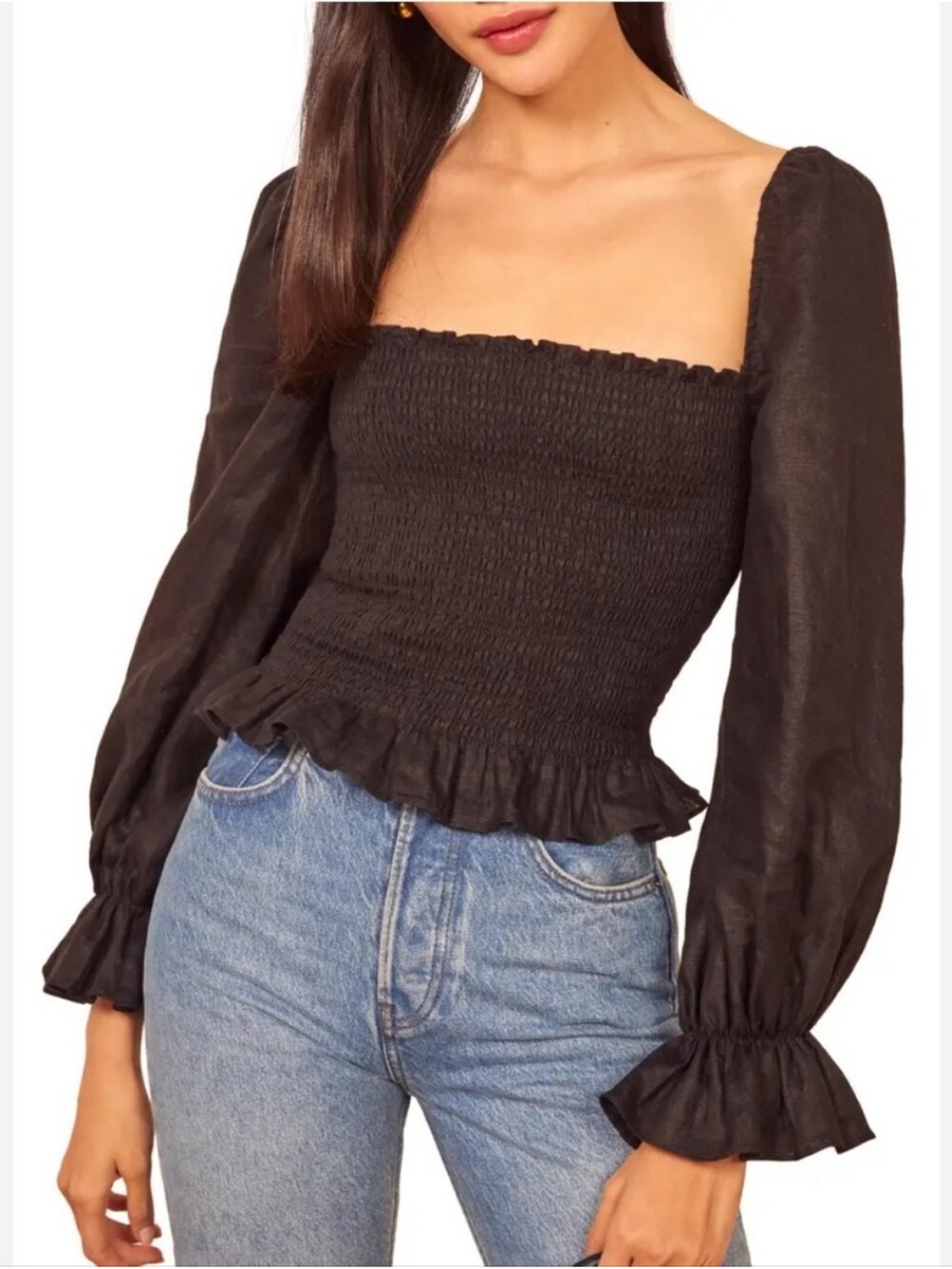 Reformation Tangerine Linen Smocked Puff Sleeve Top XS Black